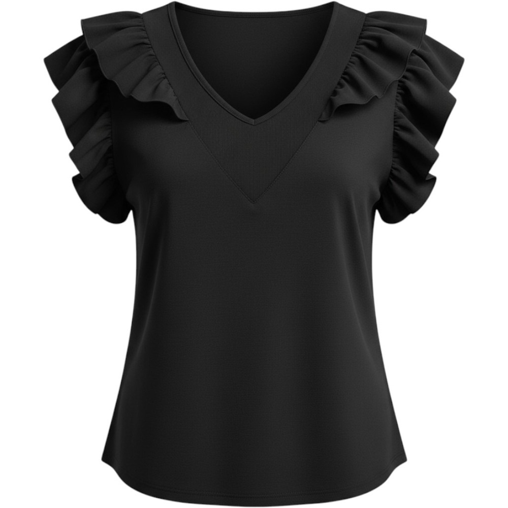 Chico's Ruffle Sleeve Top Womens XL 3 Black V-Neck Ribbed Knit Flutter Blouse